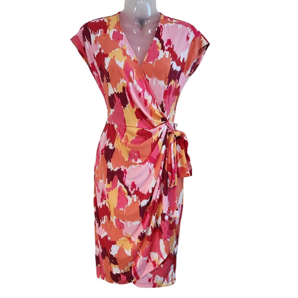 Maggy London Printed Abstract Jersey Wrap Dress V-Neck Watercolor Pink Size 4